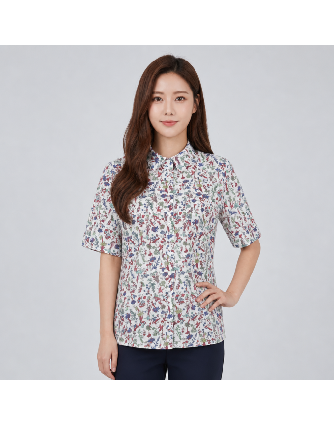[올포유] 여성 플라워 프린트 카라 반팔 블라우스 ALBLN4431-100