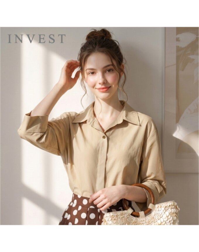 오픈 카라 롤업 7부 소매 블라우스_INI6F1BL5001