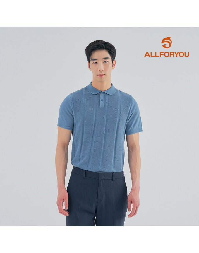 [올포유] [모델착장] 남성 앞판 세로 조직 솔리드 카라 반팔 니트 AGSPM3211-906