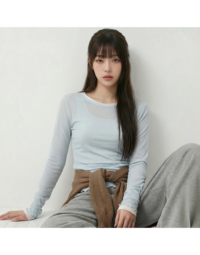 웨이브 메쉬 롱 슬리브 탑_T611TP124