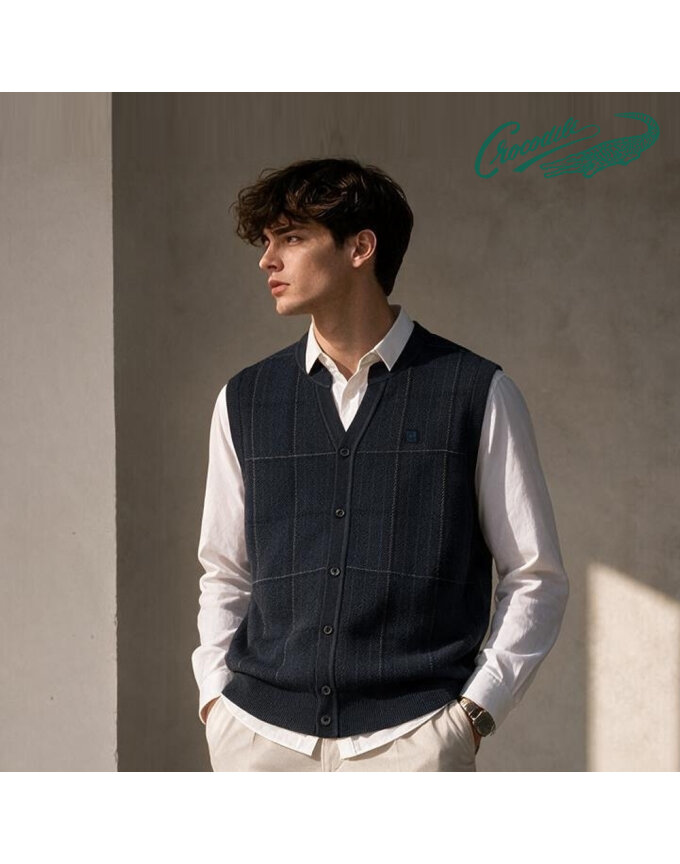 헤링본 체크 자카드 오픈형 니트 베스트 CDAABKV3301