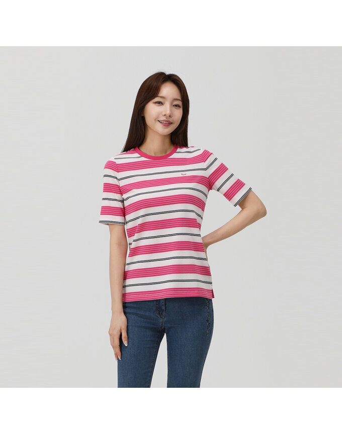 5부 멀티 스트라이프 라운드 티셔츠_1K45302