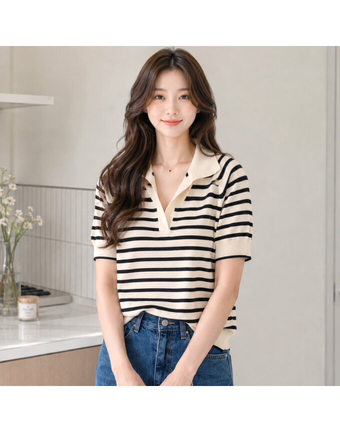 [귈림] 카라 스트라이프 니트티셔츠(GBMKN103P)