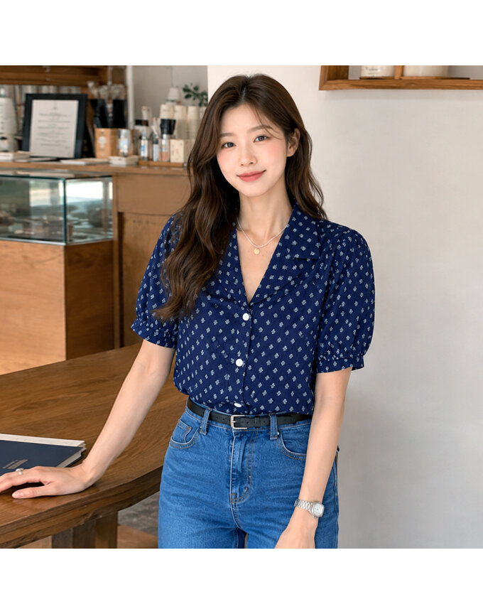 [귈림] 네이비 도트 퍼프 반팔 셔츠(G6MBL147P)
