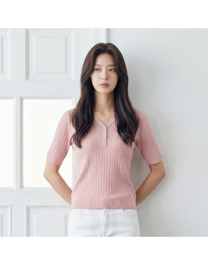 5부 단추 브이넥 스웨터_1L43201