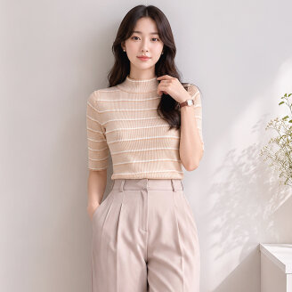 [모델리스트] 배색 스트라이프 5부 니트 (MESKN206)
