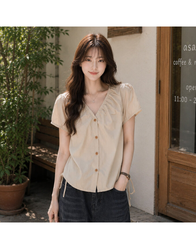 [귈림] 셔링 브이넥 사이드 스트링 반팔 블라우스(G6MBL073P)
