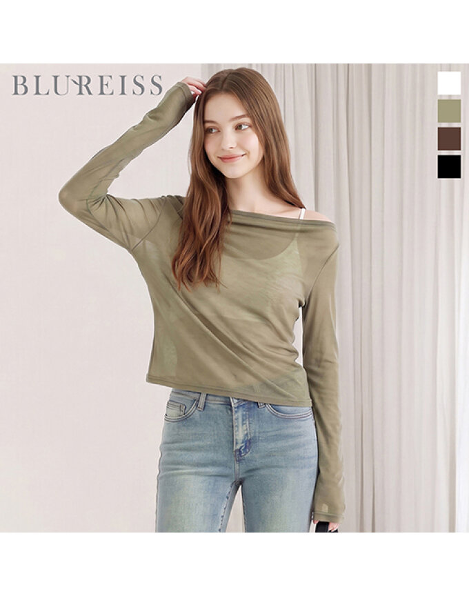 오프숄더 시스루 슬림 티셔츠_BI6M1TS4970