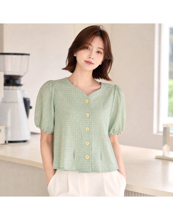 [예쎄] 격자 체크 퍼프소매 하트넥 블라우스(S6MBL048A)