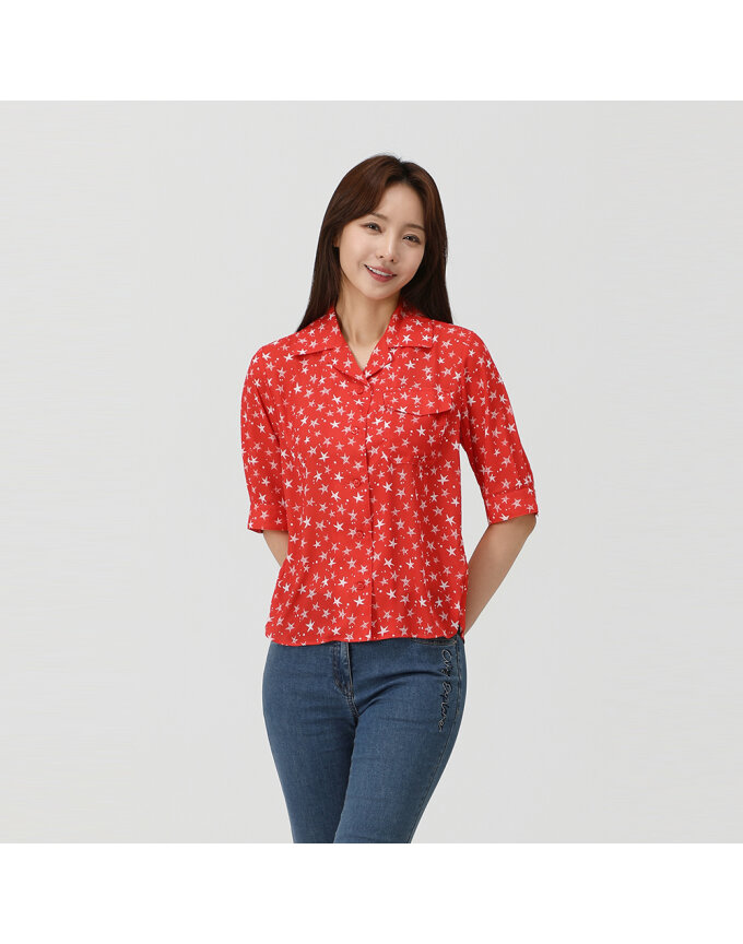 오픈카라 프린트 블라우스_1K42518