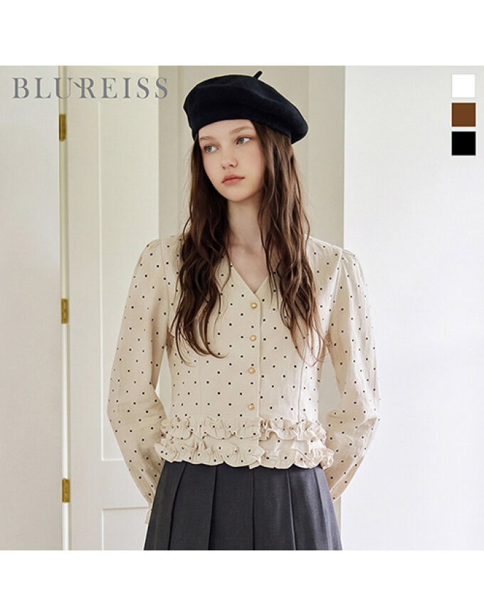 V넥 도트 프릴 스트링 블라우스_BI6F1BL5251