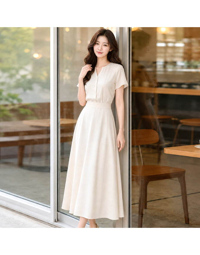 [예쎄] 페미닌 브이넥 프릴 소매 플레어 롱 원피스(S6MOP022A)