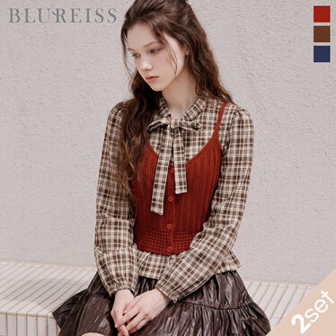 [2SET]보우카라 체크 블라우스+조끼_BI6F1BL5231