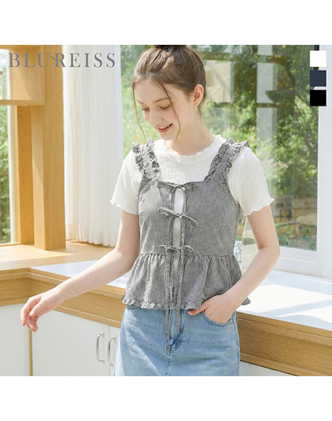 양면 프릴 체크 뷔스티에 블라우스_BI6M1BL5731