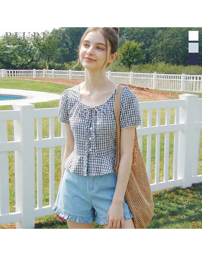 체크 리본 페플럼 블라우스_BI6M1BL6061