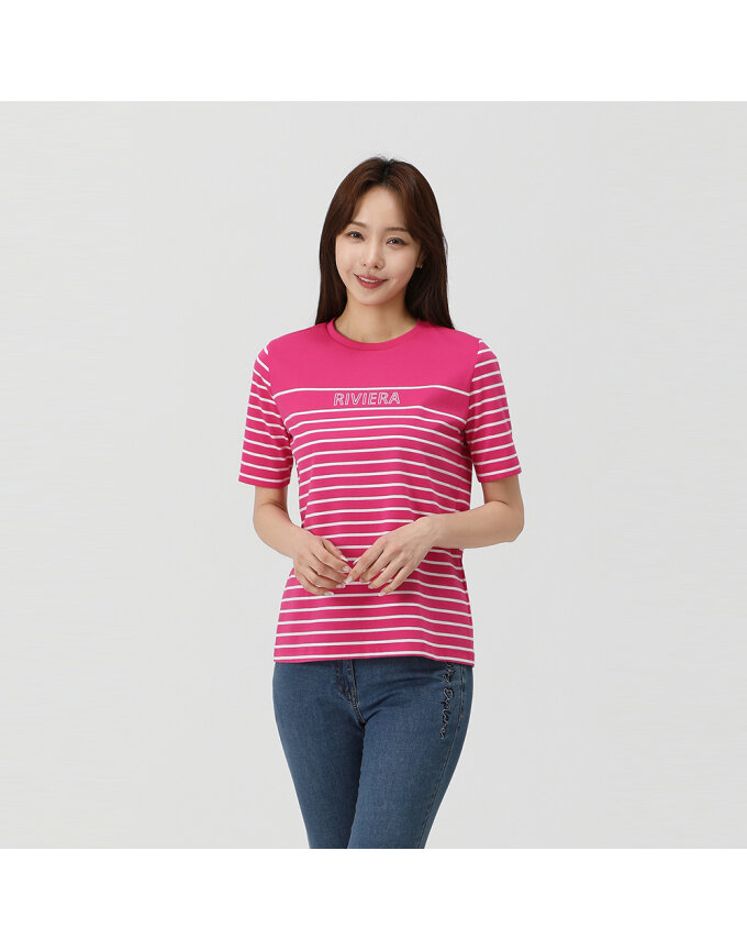 스트라이프 레터링 라운드 티셔츠_1K45309