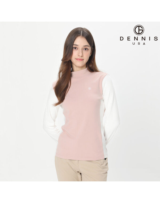 [DENNIS] 여성 리브 블록 모크넥 긴팔 티셔츠_NAQFLTS054