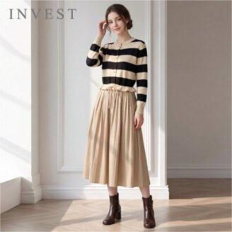 줄무늬 니트 배색 플리츠 롱 원피스_INI6F1OP3271