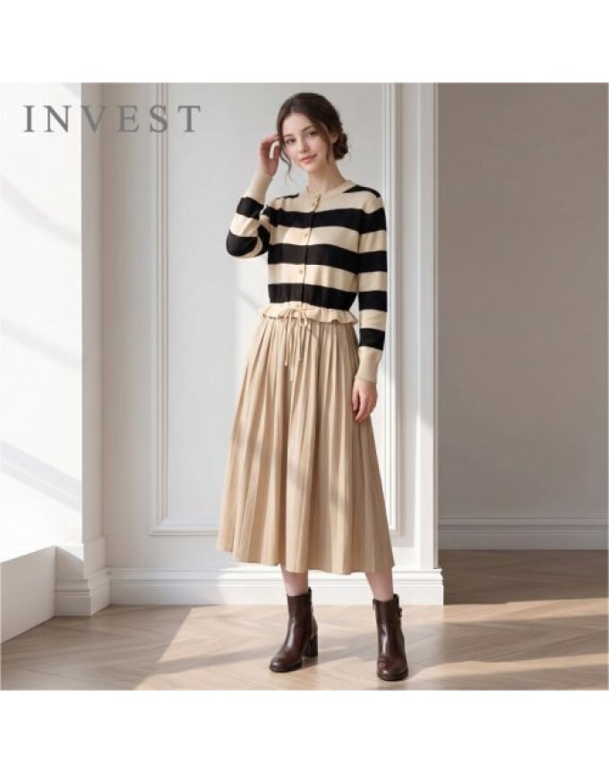 줄무늬 니트 배색 플리츠 롱 원피스_INI6F1OP3271