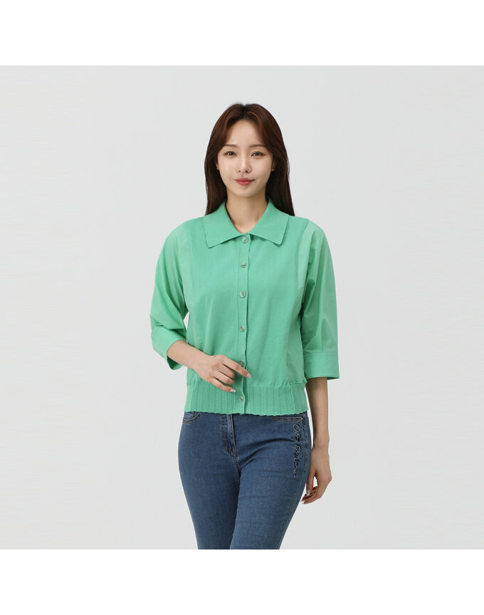 프리미엄 니트패치 블루종 블라우스_MK42503
