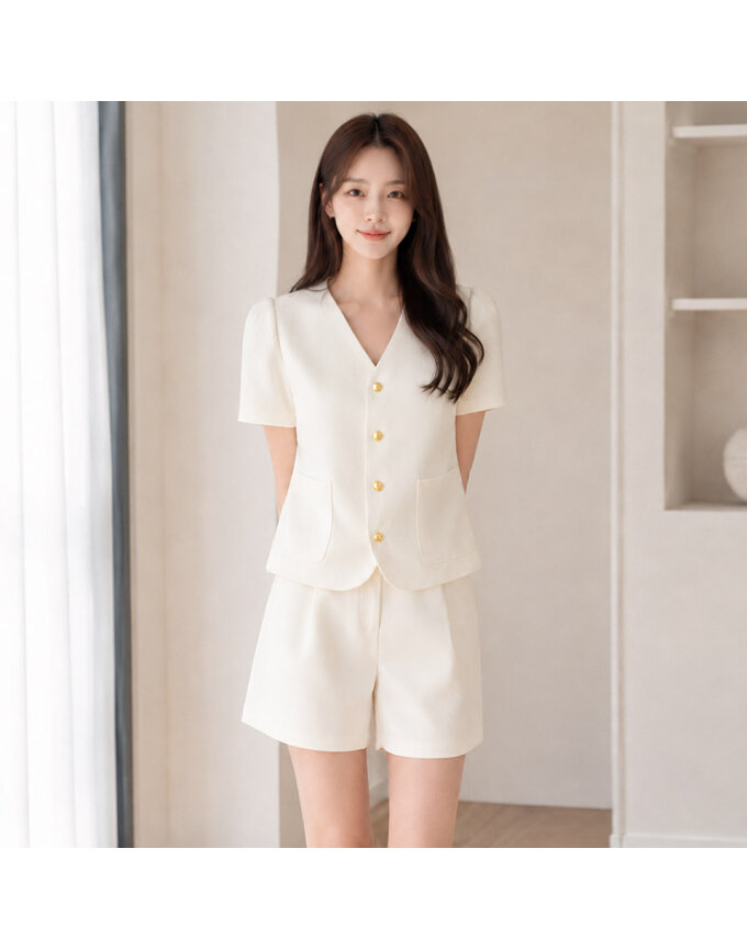 [귈림] (2종SET) 브이넥 골드버튼 반팔 + 슬랙스 숏팬츠(G6MSE045P)
