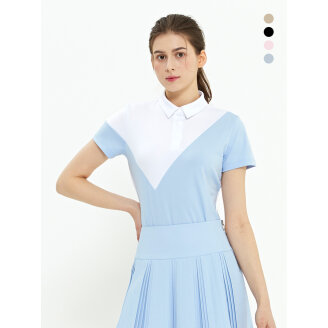듀빅 여성 면블럭 배색 Y카라 반팔티셔츠 DD2WTS103
