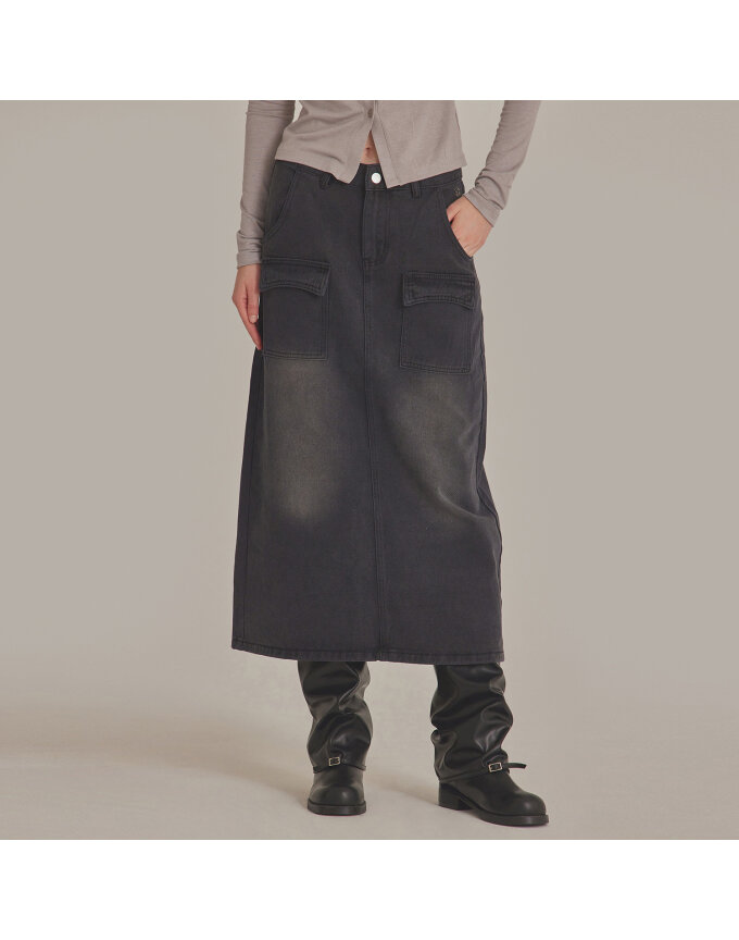 BLACK WASHED BACK SLIT SKIRT_T423DE401