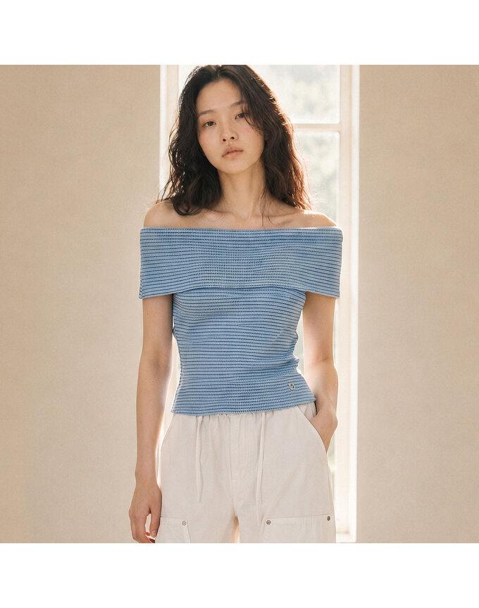 WAFFLE STRIPED OFF-SHOULDER TOP_T513TP115