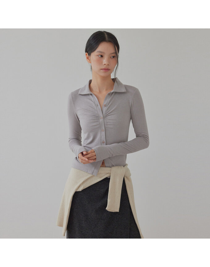 SHIMMERY BUTTON UP SHIRRED SHIRTS_T426TP114