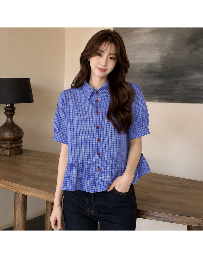 [귈림] 잔체크 버튼 페플럼 반팔 블라우스(G6MBL065P)