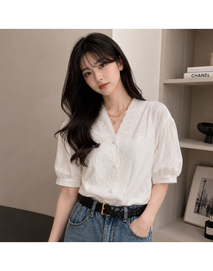 [귈림] 레이스 브이넥 퍼프 블라우스(G6MBL109P)