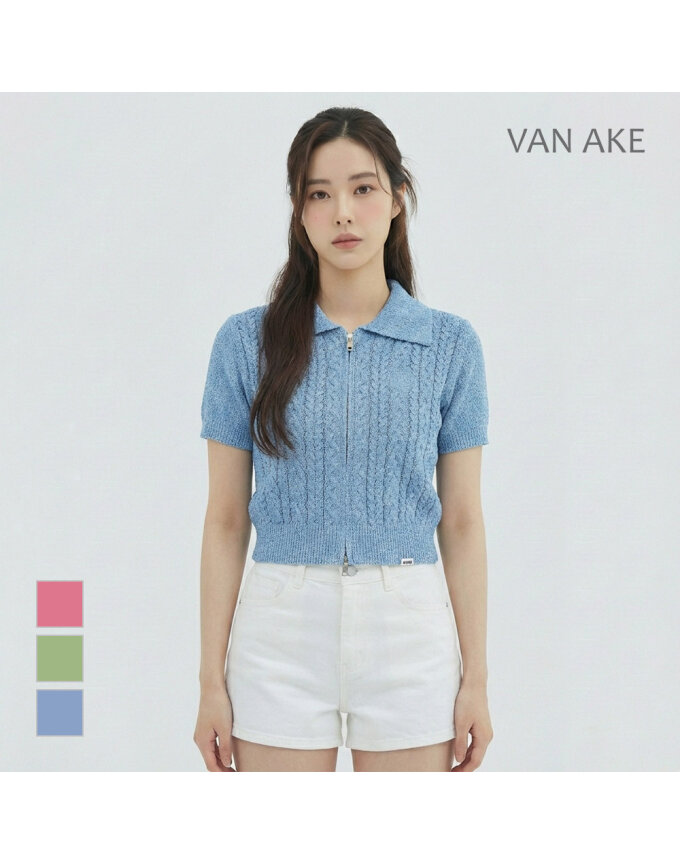 [반에이크] 카라 집업 반팔 니트가디건_VB36KCMV02Z