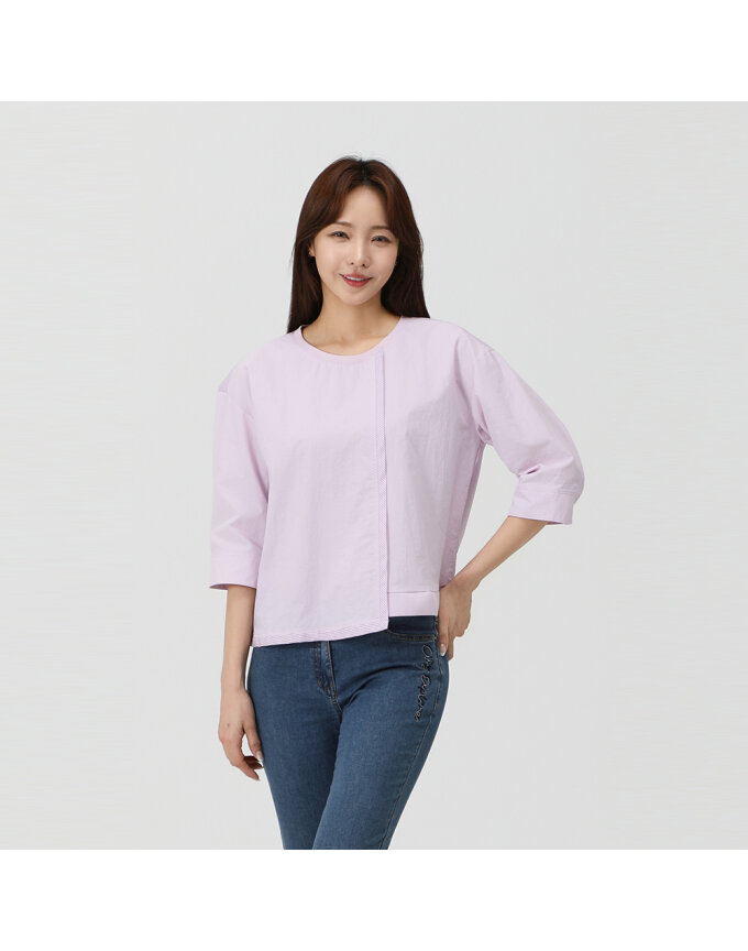 스트라이프 배색 티 블라우스_QK42504