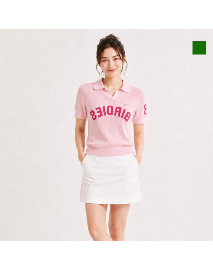 클라우스 여성 미러 래터링 오픈카라 반팔티셔츠 FH26SW622