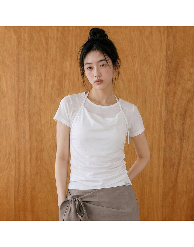 홀터 레이어드 실켓 셔링 탑_T611TP235