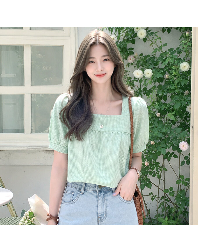 [귈림] 루즈핏 체크 스퀘어넥 퍼프소매 블라우스(G5MBL130P)