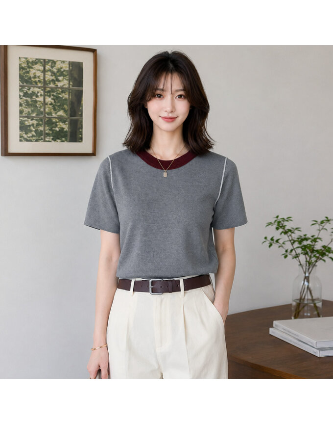 [귈림] 배색 라운드 니트 반팔 티셔츠(G6MKN016P)