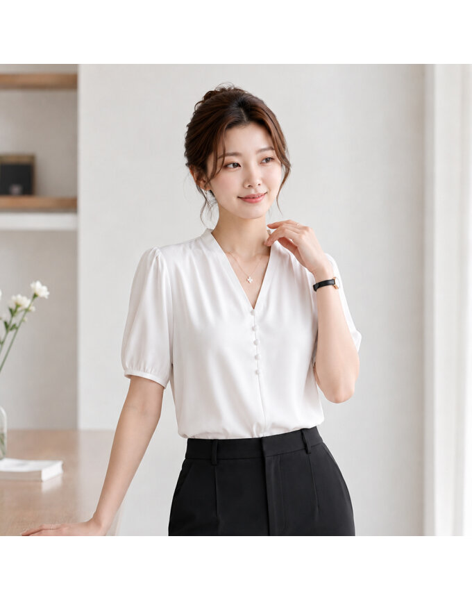 [예쎄] 어깨 셔링 브이넥 반팔 블라우스(S6MBL101A)