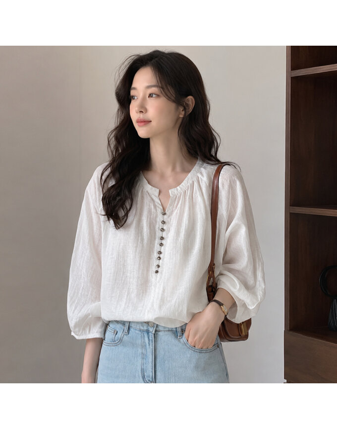 [예쎄] 내추럴 7부 소매 셔링 블라우스(S6MBL102A)