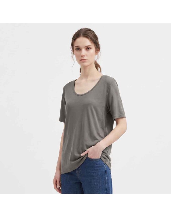 국산 여성 U넥 여름 찰랑 데일리 반팔 무지 티셔츠 RNF-WSH-21382-코코아