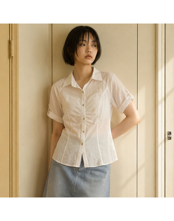 롤업 슬리브 페미닌 라인 블라우스_T613TP230