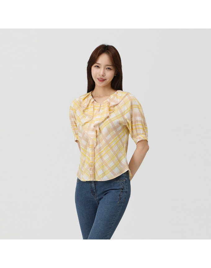 프리미엄 체크 코튼 프릴 블라우스_MK42502