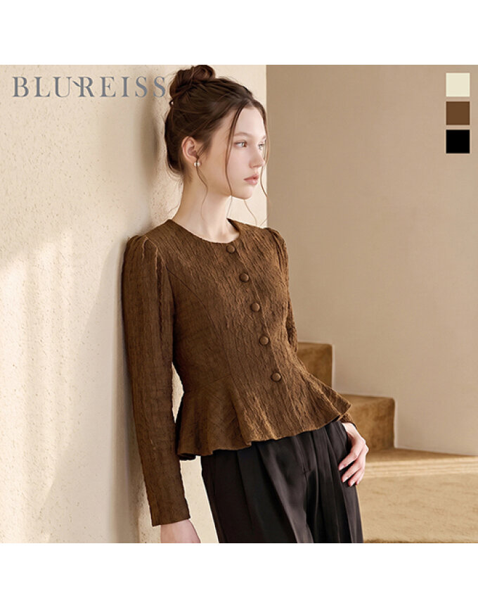 라운드넥 엠보 페플럼 절개 블라우스_BI6F1BL5181