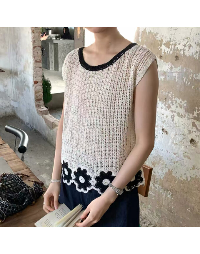 [귈림] 플라워 배색 니트 베스트(G6MVT009P)