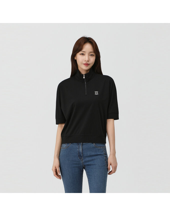 우븐배색 루즈핏 반집업 티셔츠_QK45393