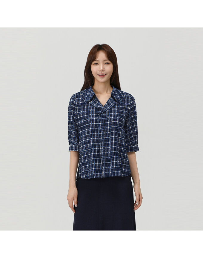 체크 코튼 프릴 블라우스_1K42508