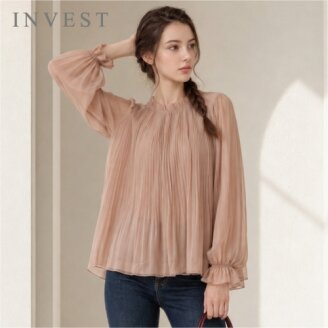 플리츠 쉬폰 퍼프 블라우스_INI6F1BL5031