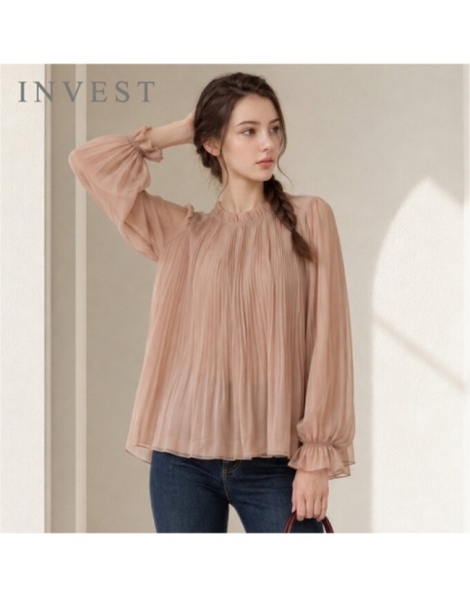플리츠 쉬폰 퍼프 블라우스_INI6F1BL5031