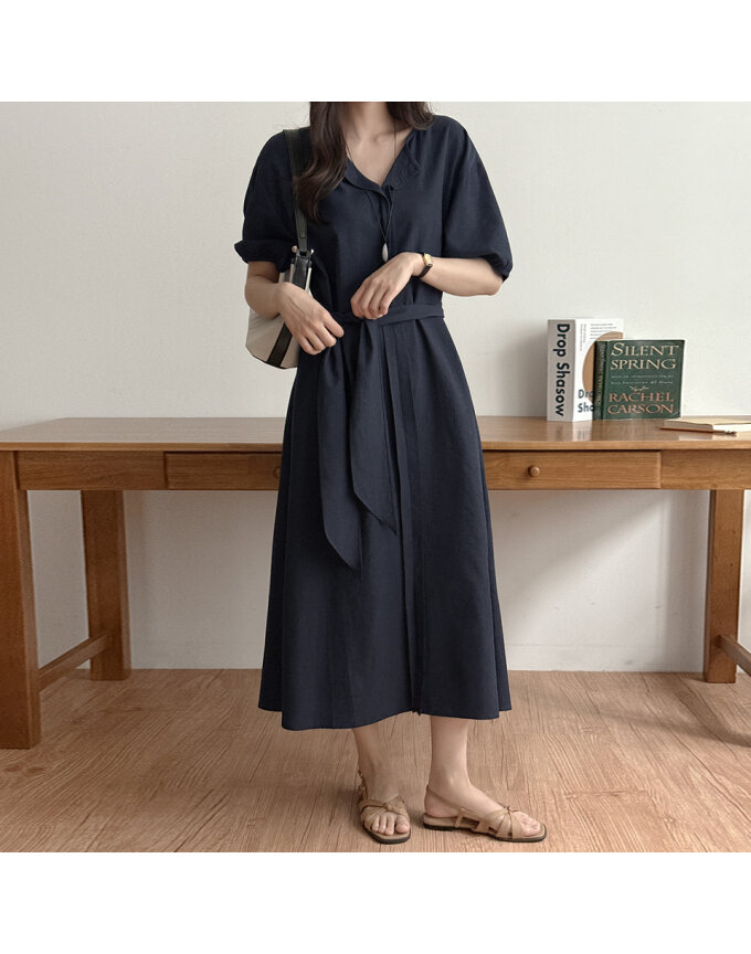[예쎄] 허리스트랩 오버핏 브이넥 퍼프 원피스(S6MOP106A)