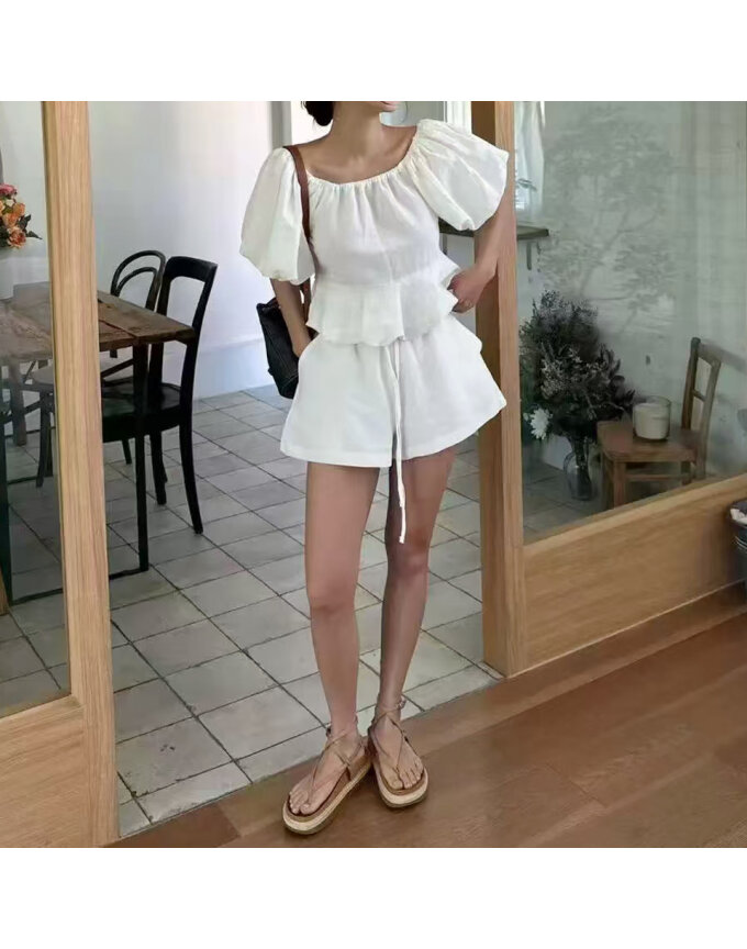 [예쎄] (2종SET) 스퀘어 퍼프 셔링 블라우스+숏팬츠(S6MSE103A)